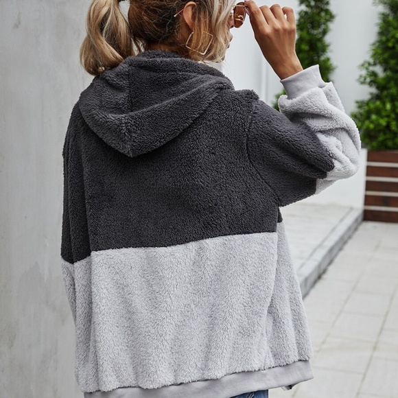 oversized charcoal color block teddy zipper hoodie - Picture 4 of 5